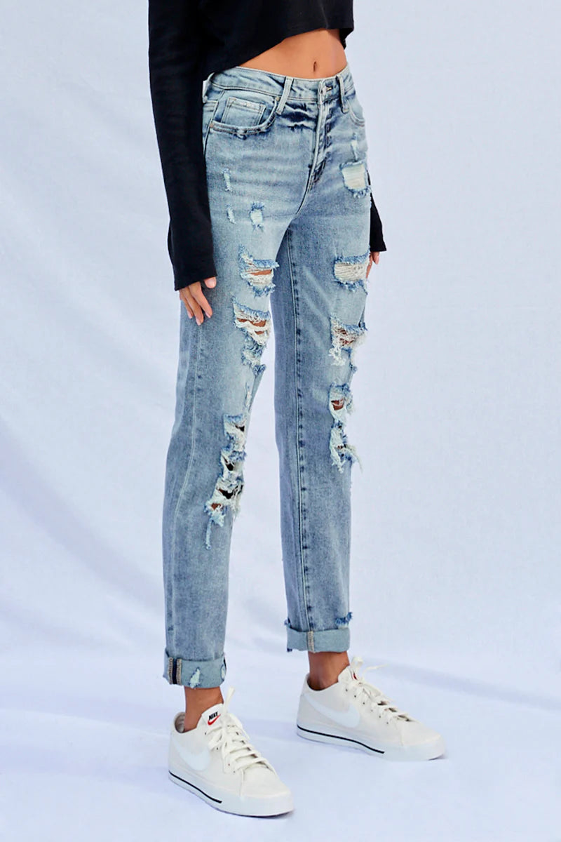 Bubbles Stretched High Rise Girlfriend Jeans